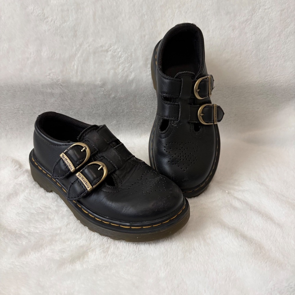 DR. MARTENS Leather Mary Jane T Strap Shoes Girls 12 US Double Buckle 8065 Black - Picture 10 of 12